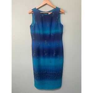 Vintage Halmode Petites Women's Blue Floral Ombre Midi Pattern‎ Dress Size 12P